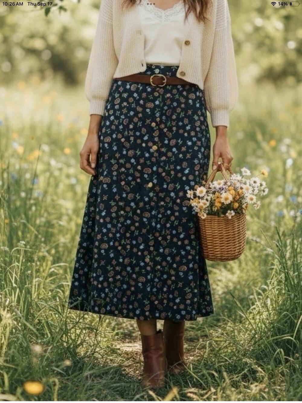 VTG 90s Corduroy Skirt Sz 12 Ditsy Floral Navy Cottagecore Boho Academia Cowgirl